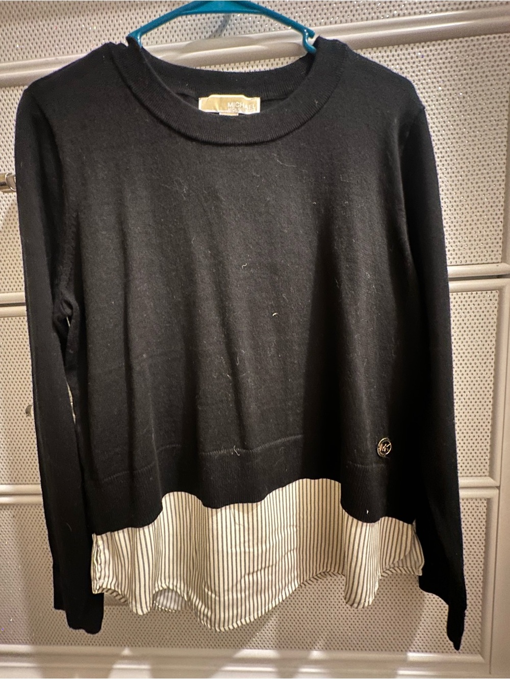 Michael Kors Black Layered-Look Sweater Top with Striped Hem